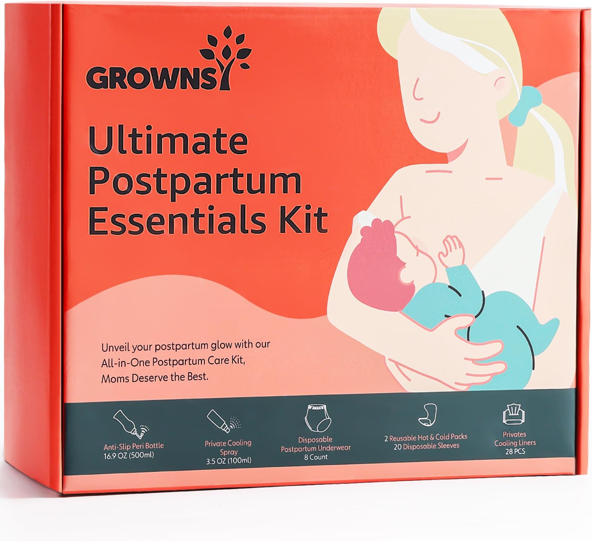 Postpartum Essentials Recovery Kit for Women After Birth, Includes 8 Self-Absorbent Postpartum Disposable Underwear, Peri Bottle, Perineal Spray, 28 Cooling Pad Liners, 2 Post Partum Ice Packs