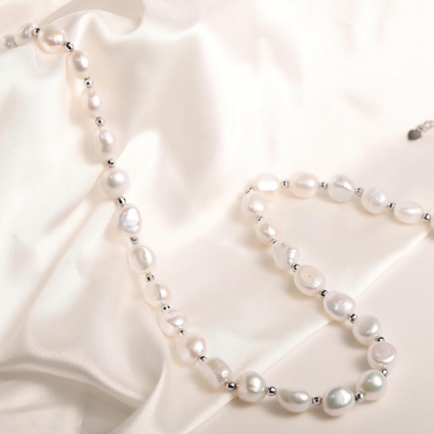 Freshwater Baroque Pearl Necklace for Women | 9-10mm Natural White Pearls with Hand-Carved 925 Sterling Silver Beads | Organic Luxury Jewelry Gifts for Birthday/Anniversary/Wedding - Image 2