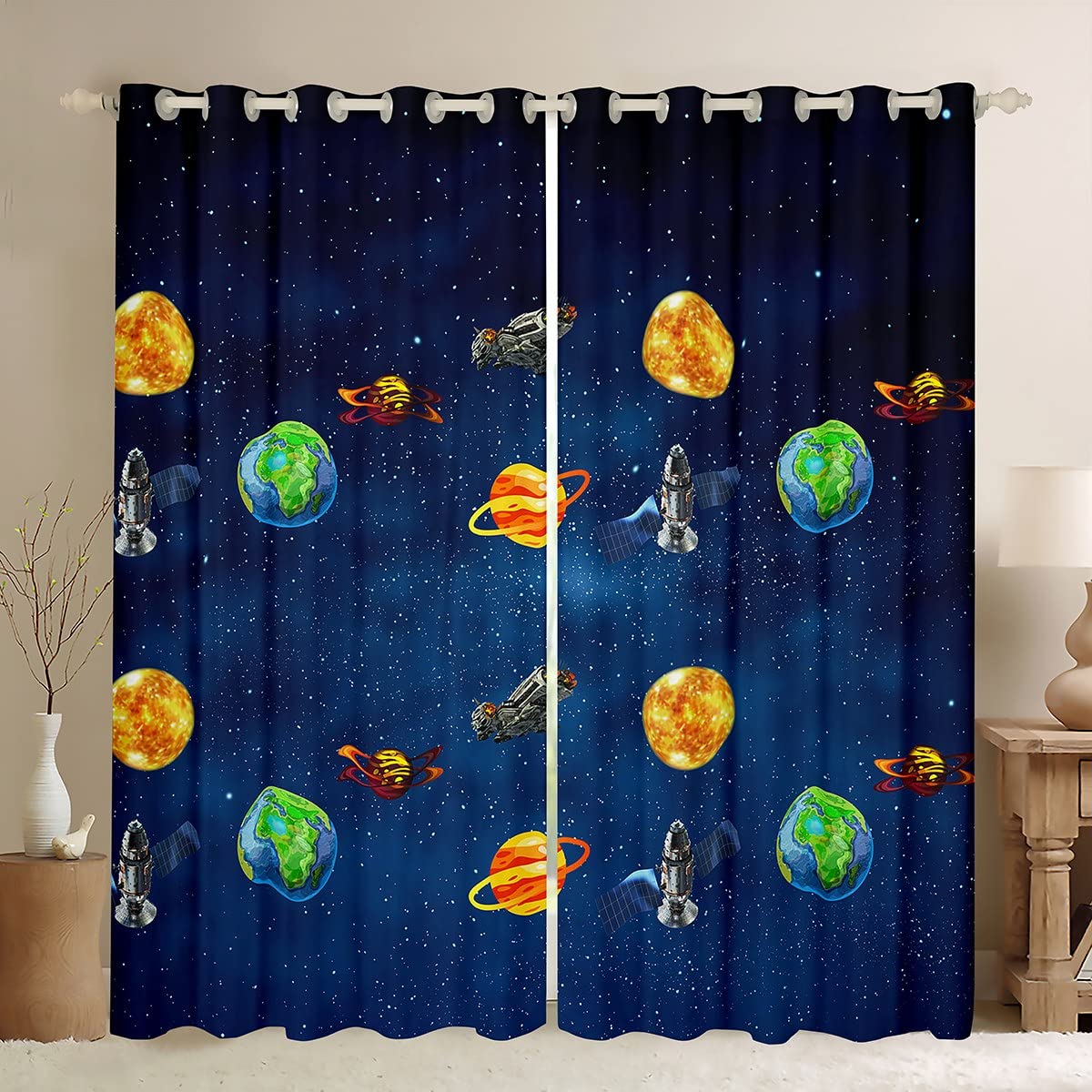 Cortina de Espacio Exterior para Dormitorio, niños, Universo, Planeta, oscurecimiento de Ventanas, sueños, Cielo Estrellado, Planetas, Cortinas Opacas (30%-50%) para tratamientos de Ventanas, 52 x 63