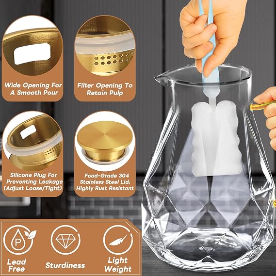 Glass Pitcher, 2.2 Liter Water Pitcher With Lid | Iced Tea Pitcher for Fridge,Carafe With Lid, Glass Water Jug For Juice, Milk, Cold Or Hot Beverages, 2 Quart