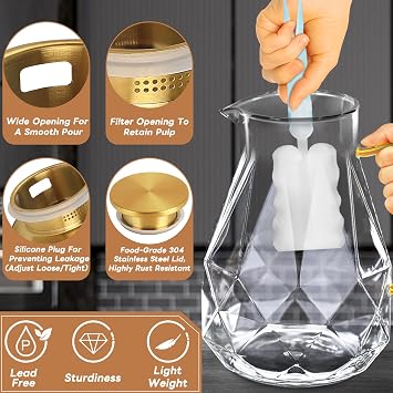 Glass Pitcher, 2.2 Liter Water Pitcher With Lid | Iced Tea Pitcher for Fridge,Carafe With Lid, Glass Water Jug For Juice, Milk, Cold Or Hot Beverages, 2 Quart