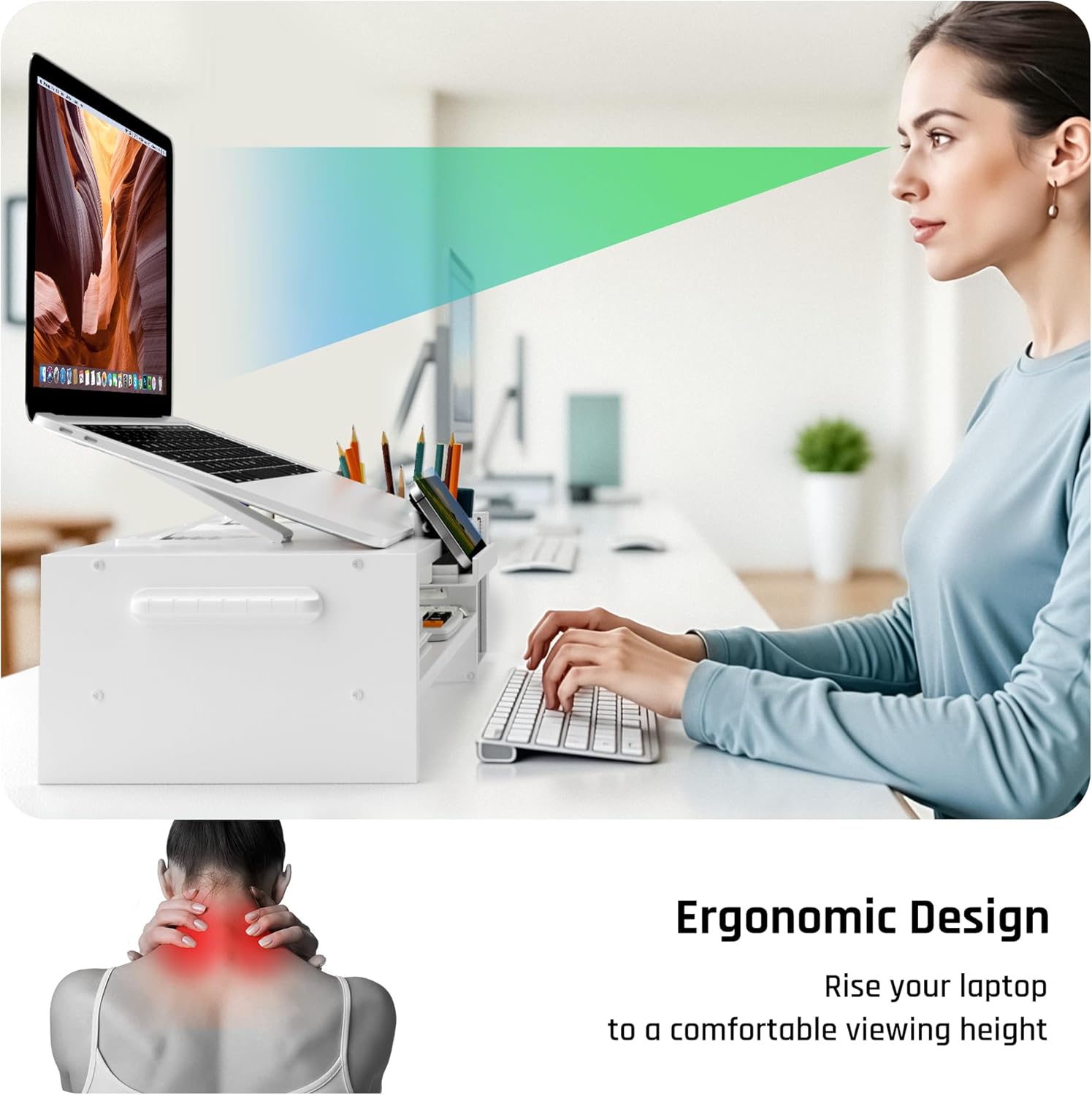 AFOOYO Adjustable Wood Laptop Stand, Ergonomic Height & Angle Computer Riser with Pen Holder – Compatible with MacBook Air/Pro, Dell, HP, Lenovo & 10-17.3" Notebooks – White