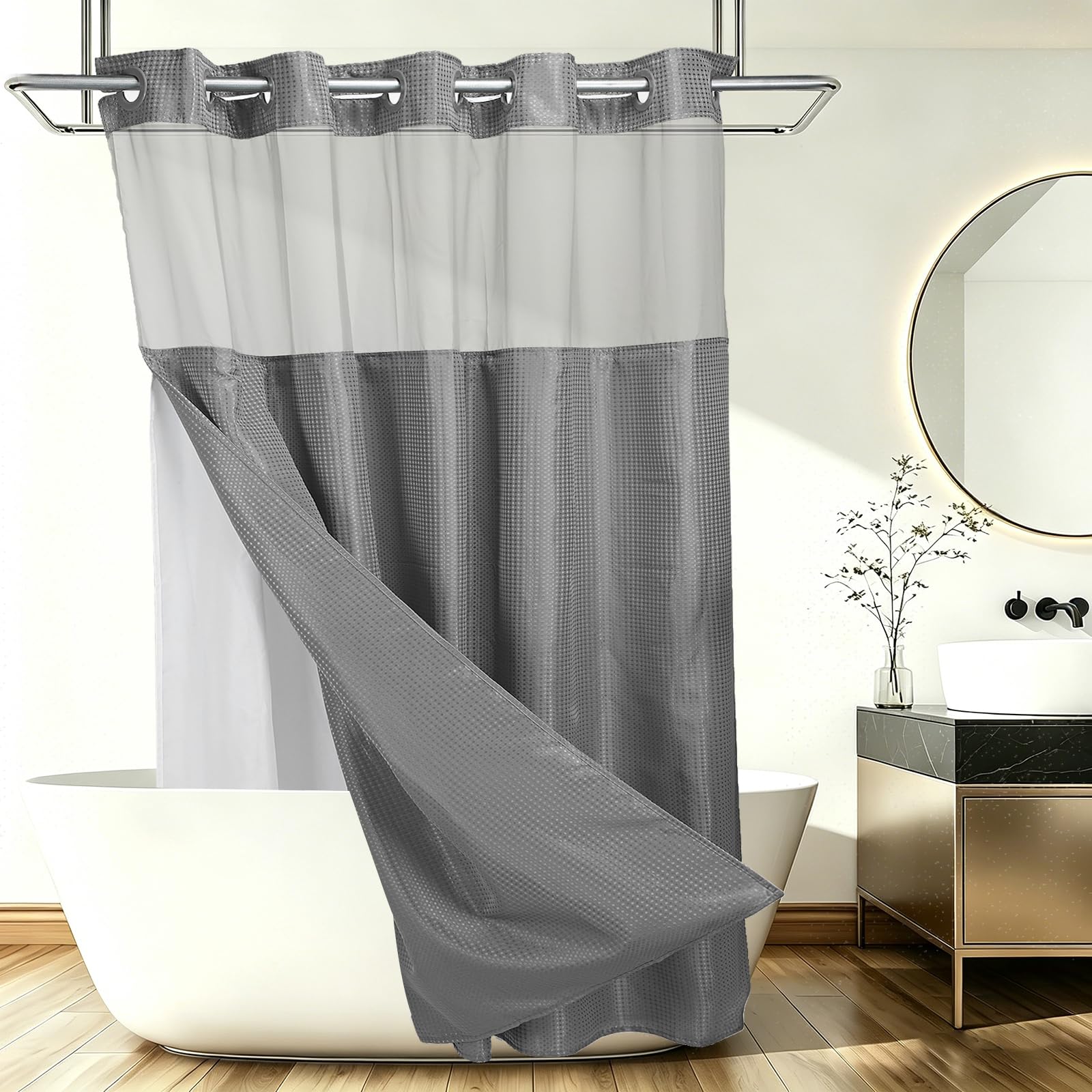 DTGN Rideau de douche sans crochet – Doublure amovible en polyester – Imperméable et lavable – Tissage gaufré texturé pour maison, salle de bain, hôtel – Gris foncé – 180 x 183 cm (l x L)