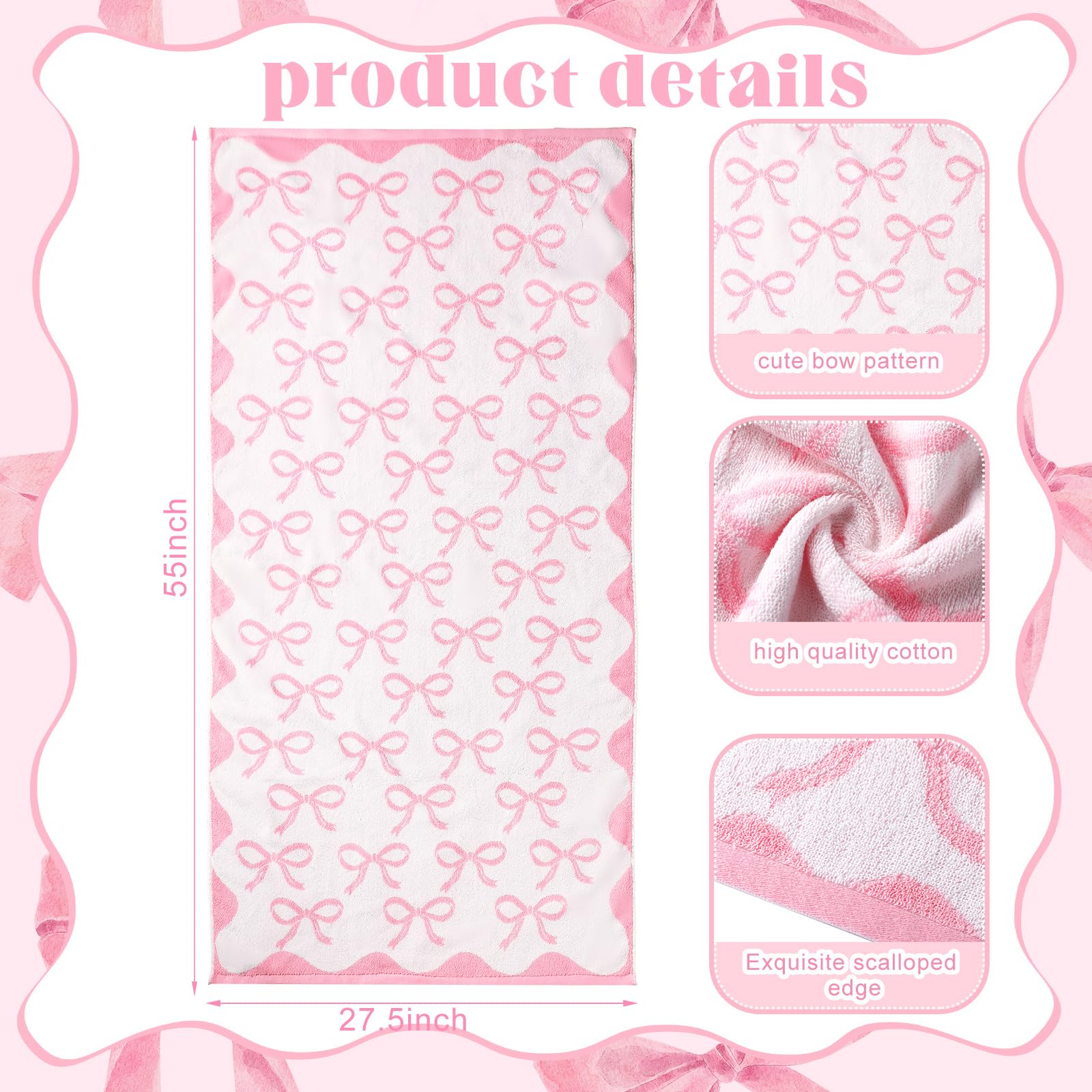 SmoothNovelty 2 Pcs Pink Bow Bathroom Towels 100% Cotton Coquette Bow Bath Towels 28 x 55 Inch Absorbent Soft Preppy Bathroom Decor for Spa Gym Kitchen Women Gifts
