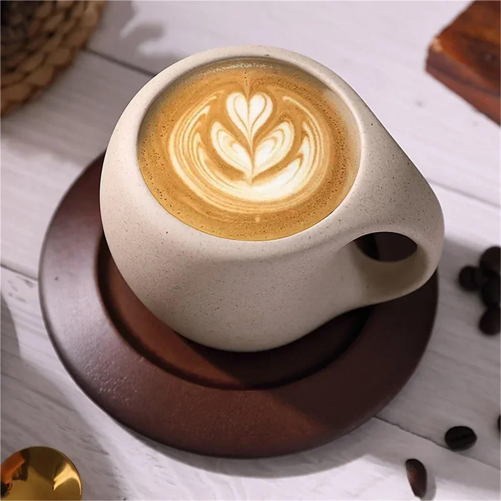 Set di Tazze da caffè e piattini Set di Tazze e piattini da caffè in Ceramica, Tazze da caffè Latte retrò, sottobicchieri in Legno, Tazze da tè, cucchiai e Tazze con Fiori
