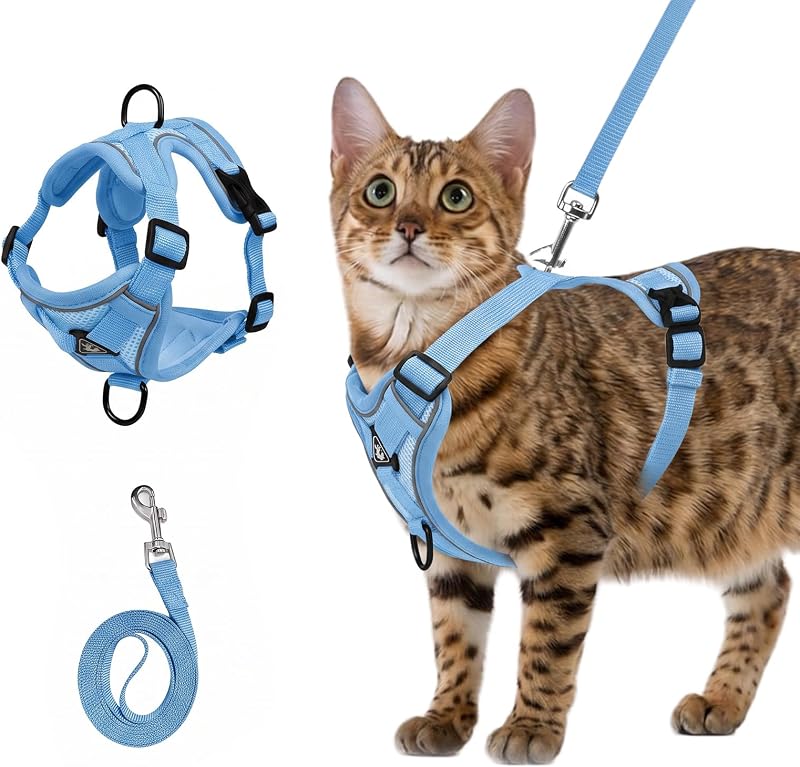 Peitoral Ajustável para Gatos com Guia de Nylon e Malha Respirável Shudyear, Azul-Céu, XL