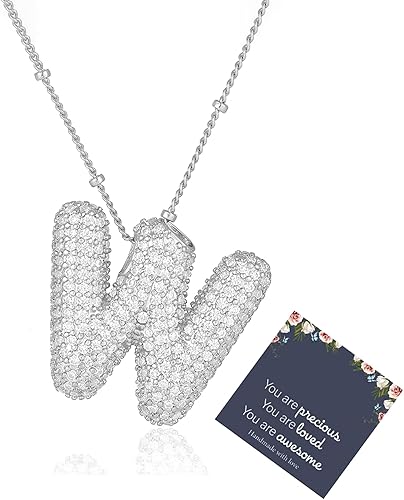 TRWWELL Silver Pave Bubble W Initial Necklace Dainty Balloon Letter Necklaces Cu