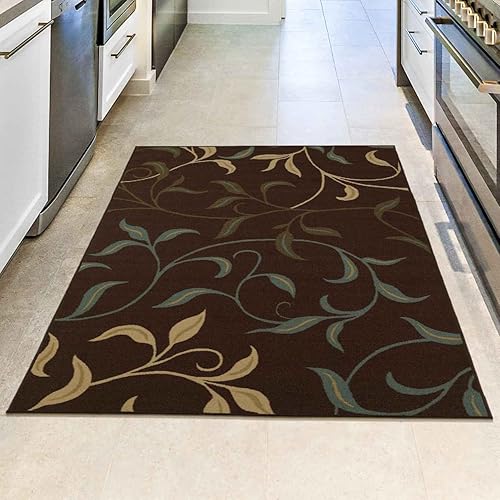Ottomanson Ottohome Collection Non-Slip Rubberback Leaves Design 3x5 Indoor Area Rug, 3'3" x 5', Brown