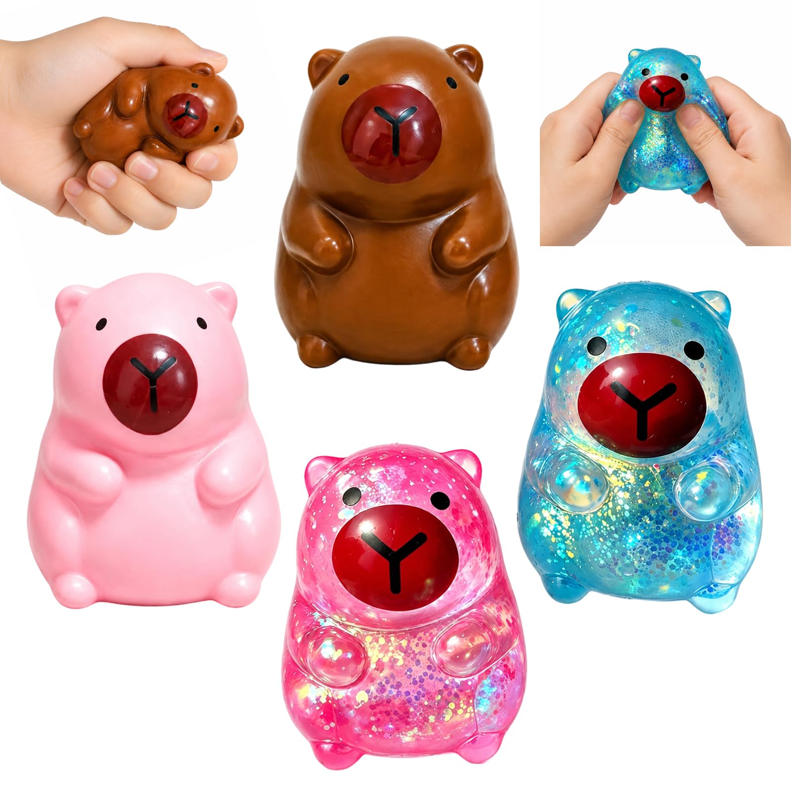4-Piece Capybara Fidget Toys with Glitter Details, Slow Rebound Squishy Capybara for Sensory Play and Desk