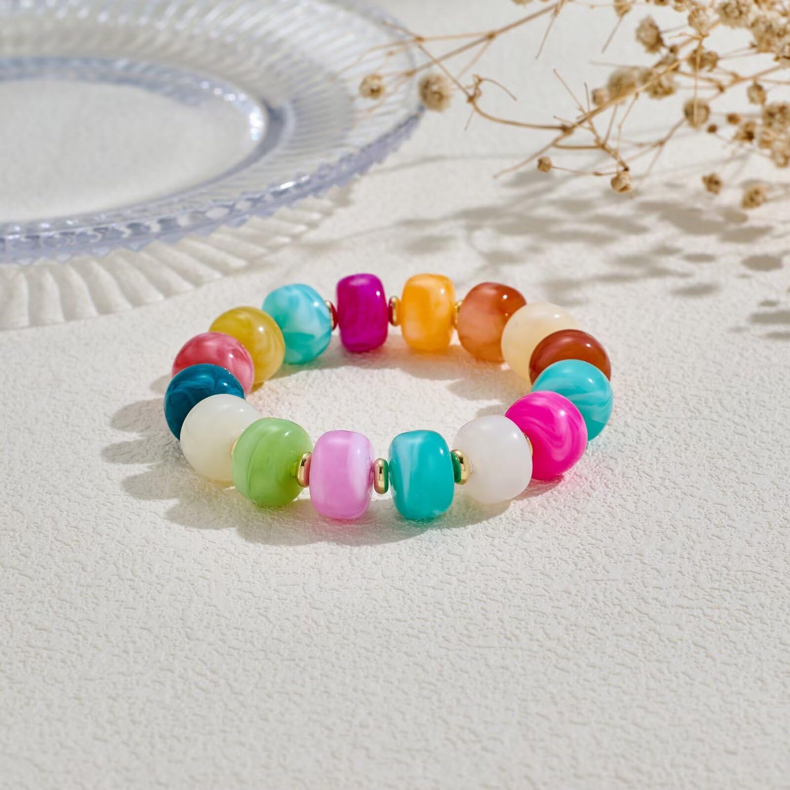 Bead Bracelet for Women Vibrant Color Resin Beads Bracelets Elastic Stretch Chunky Bracelet Boho Summer Beach Vacation Jewelry — view 5