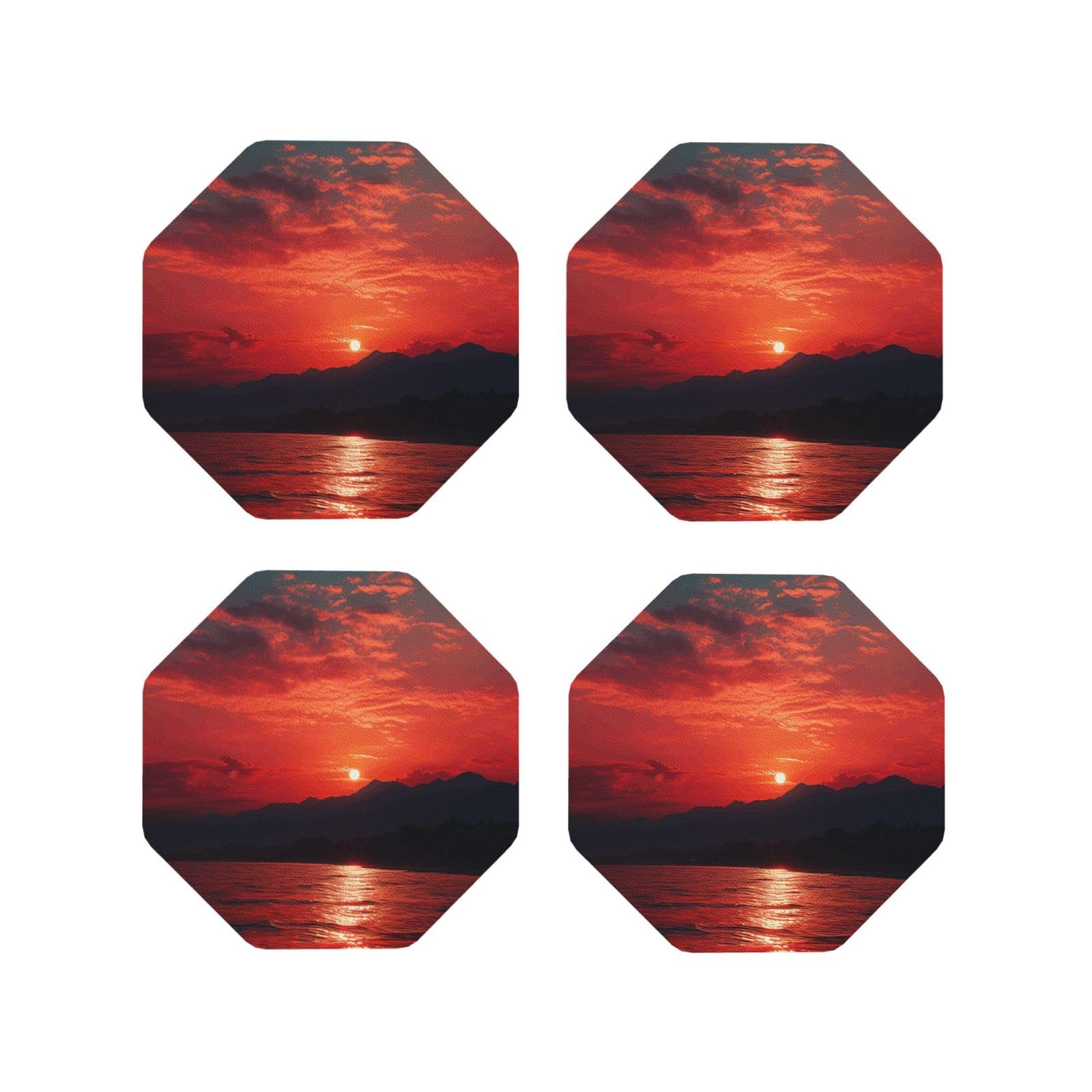 4pcs Drink Coasters for Tabletop Protection, 4" Leather Coasters for Drinks, Fiery Red Sunset Cup Coasters for Coffee Table Decor, Non-Slip Drinking Cup Mat for Hot Or Cold Drink