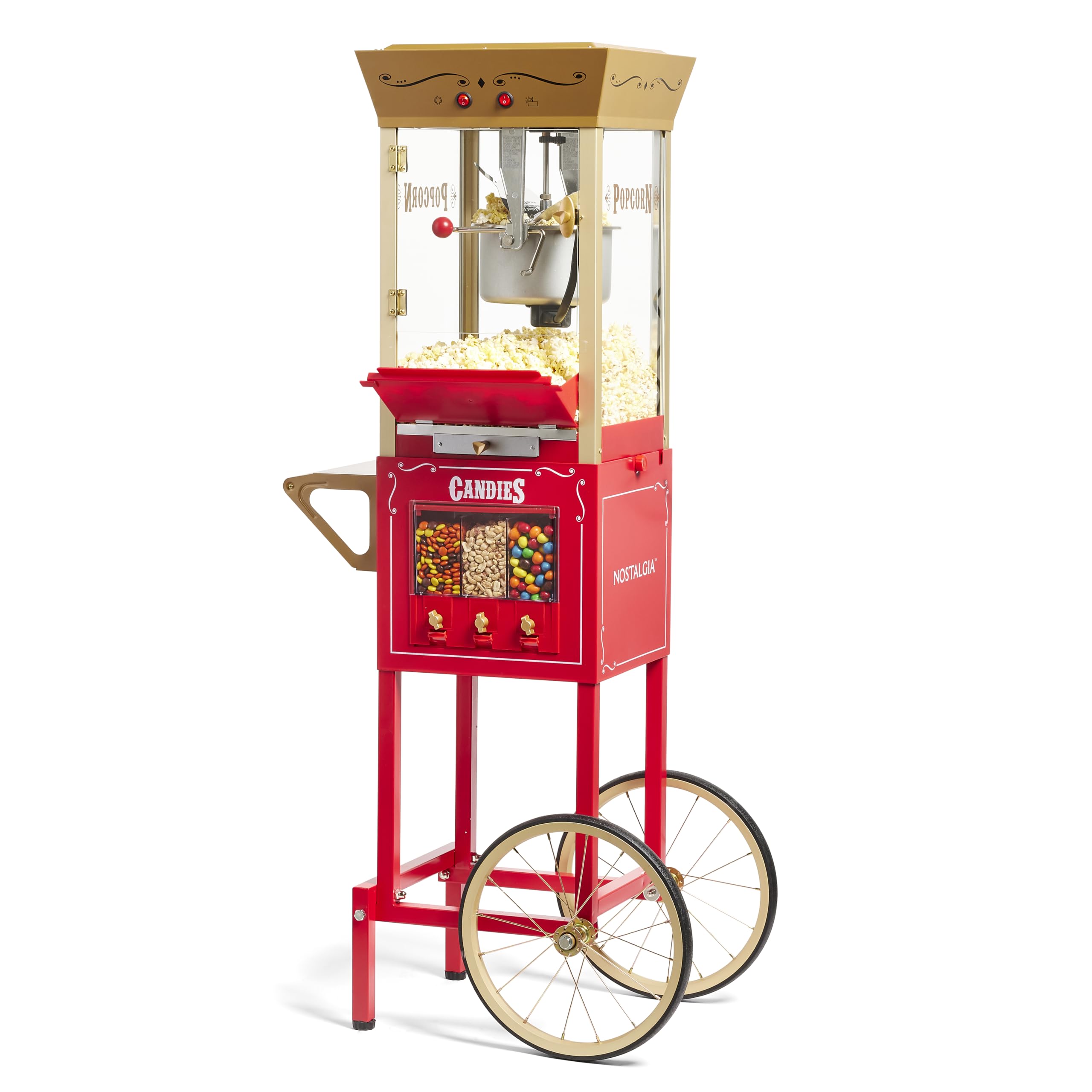 Nostalgia Vintage 8 Ounce Professional Popcorn Cart Makes Up to 32 Cups, Three Storage Candy & Kernel Dispenser Also for Nuts, Chocolate, Measuring Spoons and Scoop Included, Red