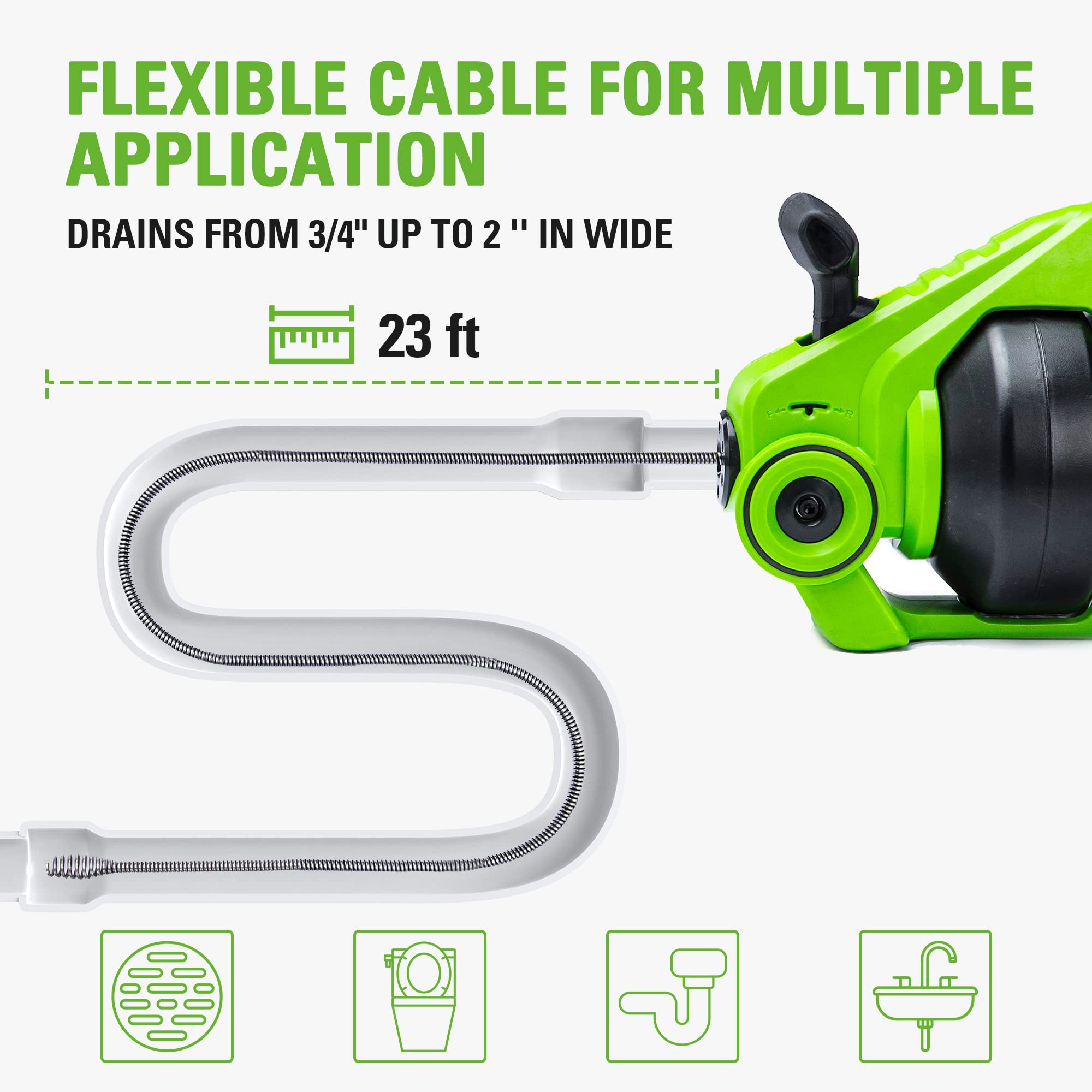 Greenworks 24V Cordless Plumbing Drain Auger / Snake (23-FT / 560 RPM) For Unclogging Sinks, Shower Drains, Toilets, and More! (3/4"-2" Pipes), 2.0Ah Battery and Charger Included