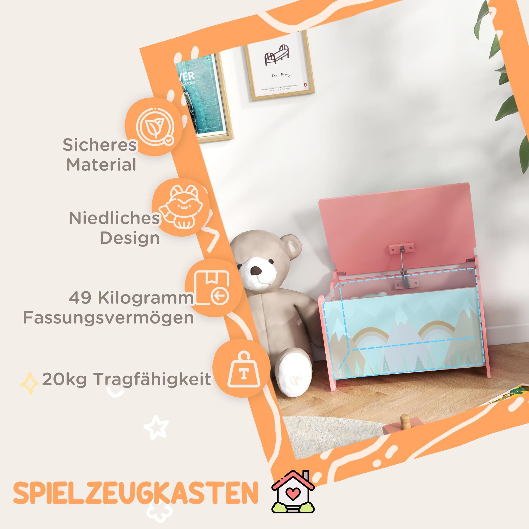ZONEKIZ Baúl de juguetes con tapa abatible 60x37x39cm Rosa | Baúl juguetes con bisagra seguridad, diseño animal lindo y asa, para habitación infantil