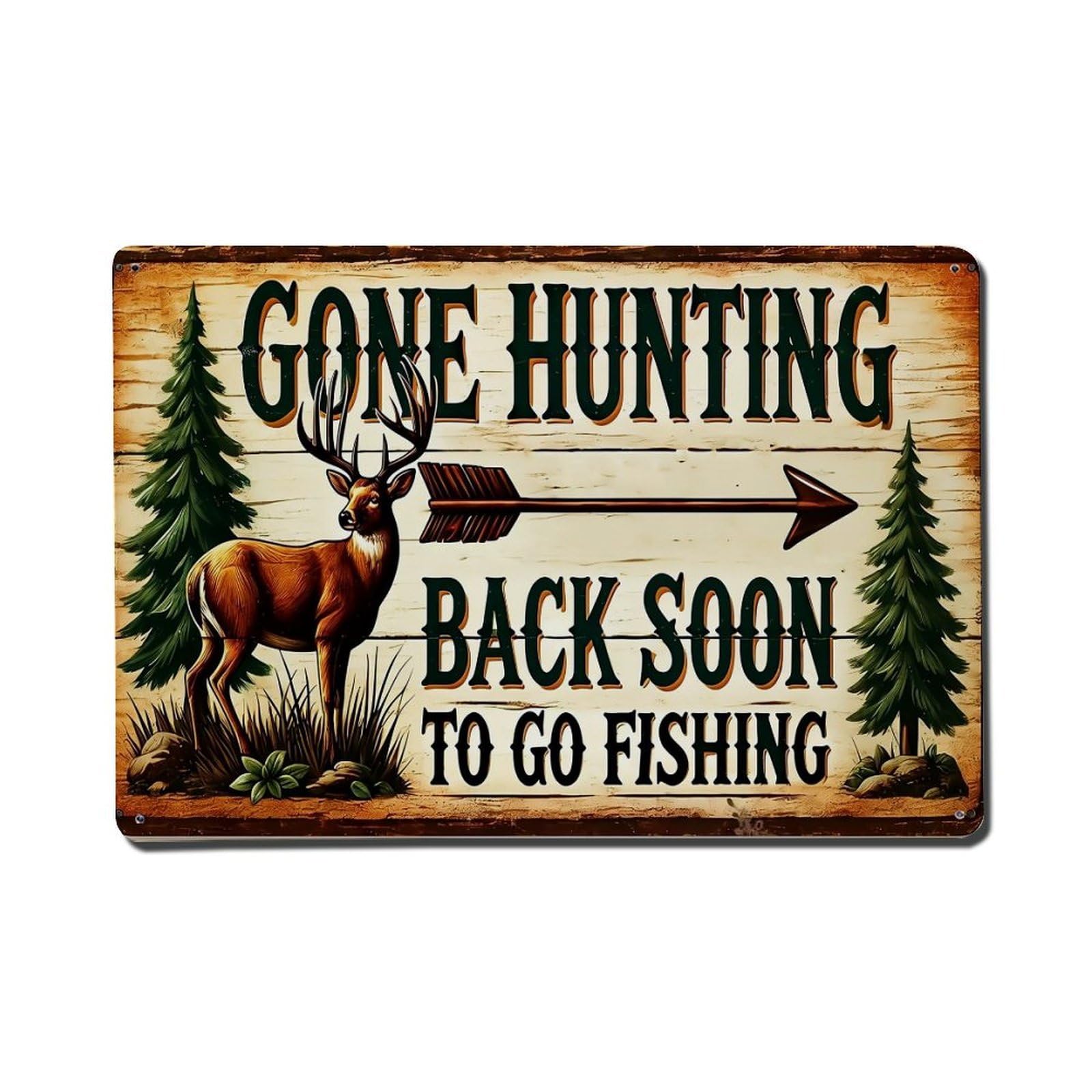 Nestemfo Vintage Gone Hunting Back Soon Fishing Tin Sign Metal Sign, Living Room,Bar, Home, Bedroom Wall Decor,Retro Metal Poster 8X12 Inches