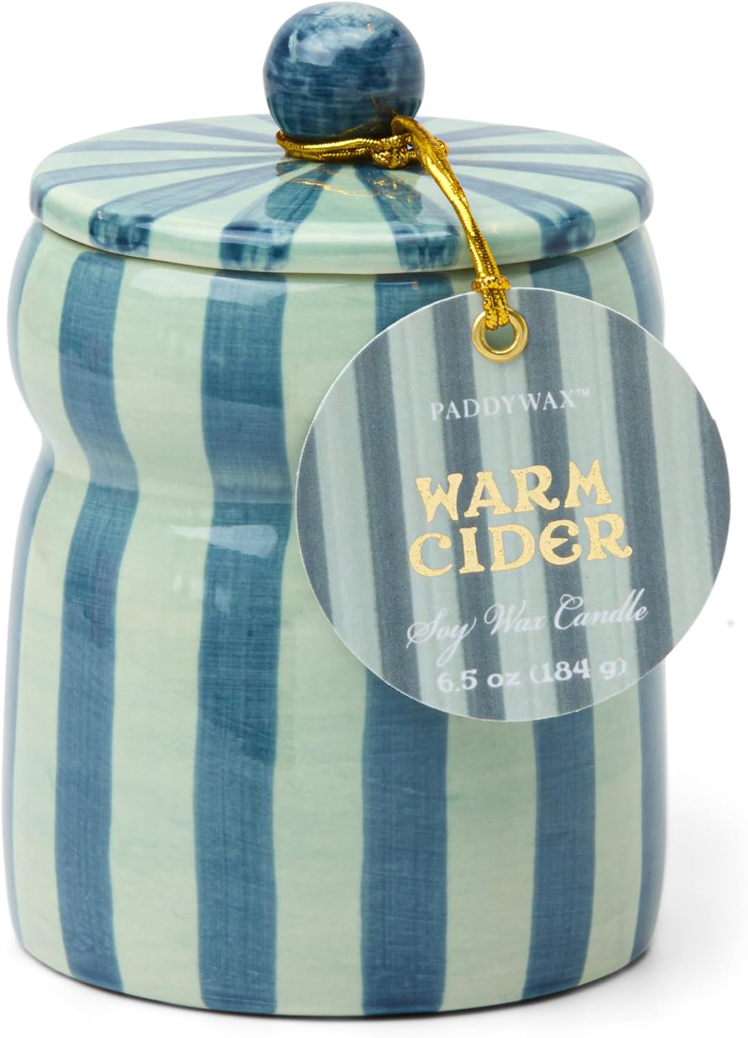 Paddywax Cabana Hand-Painted Scented Candle with Lid in Ceramic Reusable Jar, Clean-Burn Soy Candle, Warm Cider Scent, Approx. 42 Hour Burn Time, 6.5 oz