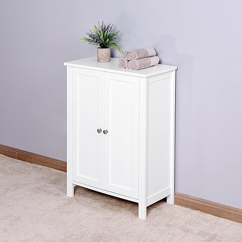 Miniatura 9 de NewCosmos Armario de almacenamiento para suelo de baño con estante ajustable de doble puerta color blanco