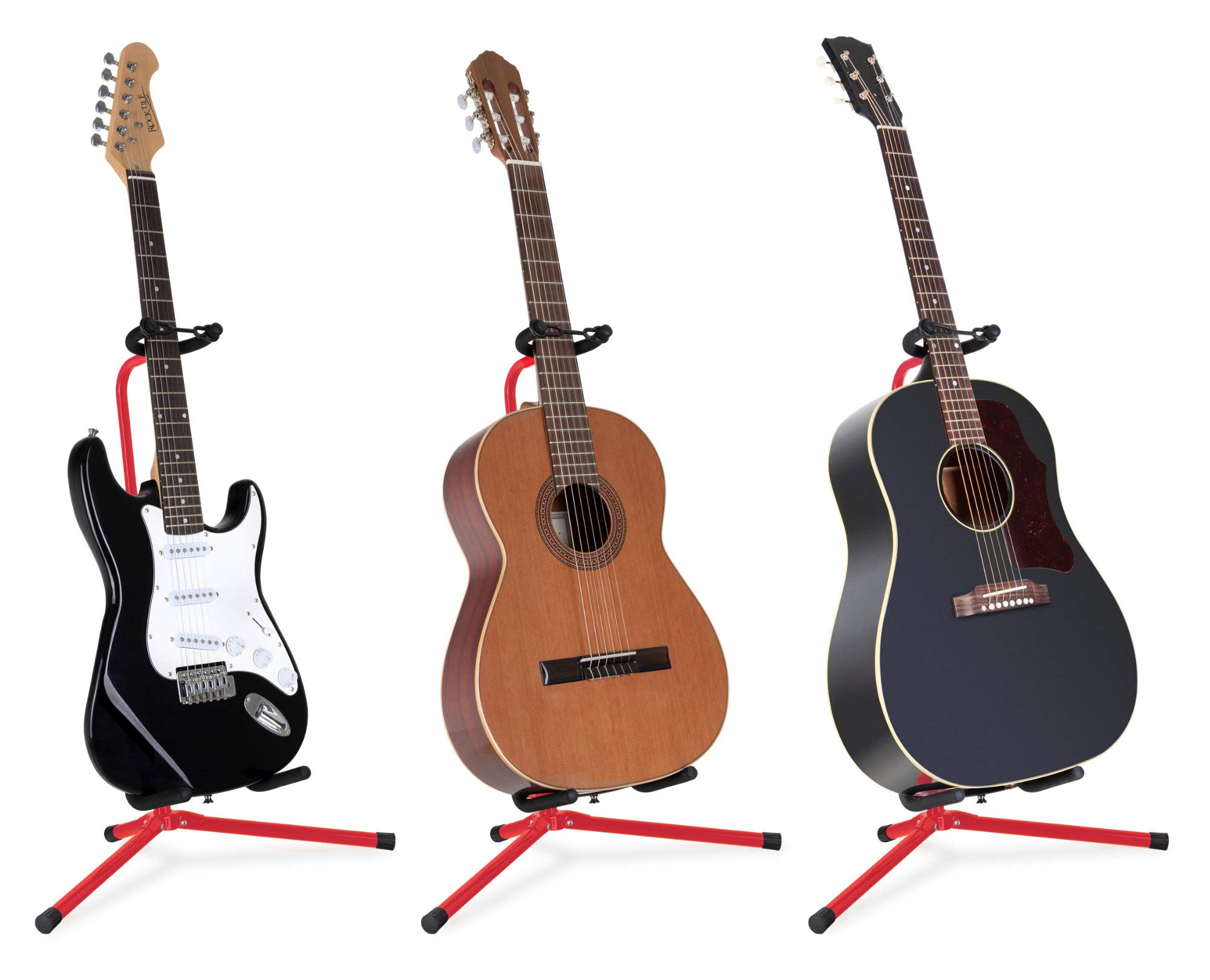5x Classic Cantabile Gitarrenständer - Universal Gitarrenständer für Konzertgitarre, Westerngitarre, E-Gitarre, E-Bass - Gepolsterte Auflage - Klappbarer Gitarrenständer - Rot