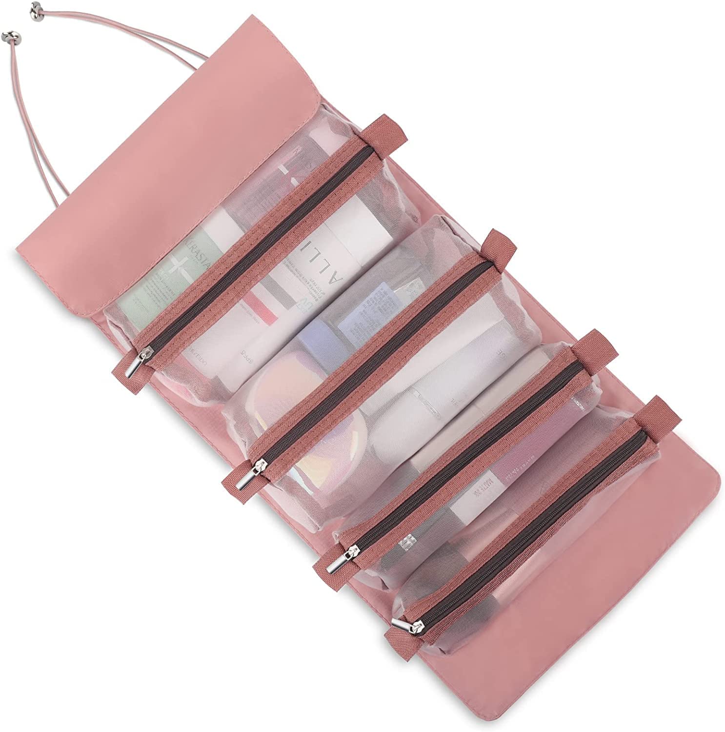 MURTISIDDH Roll Up Foldable Cosmetic Makeup Toiletry Storage Organizer Bag Kit Removable Mesh Pouch (Rose Gold)