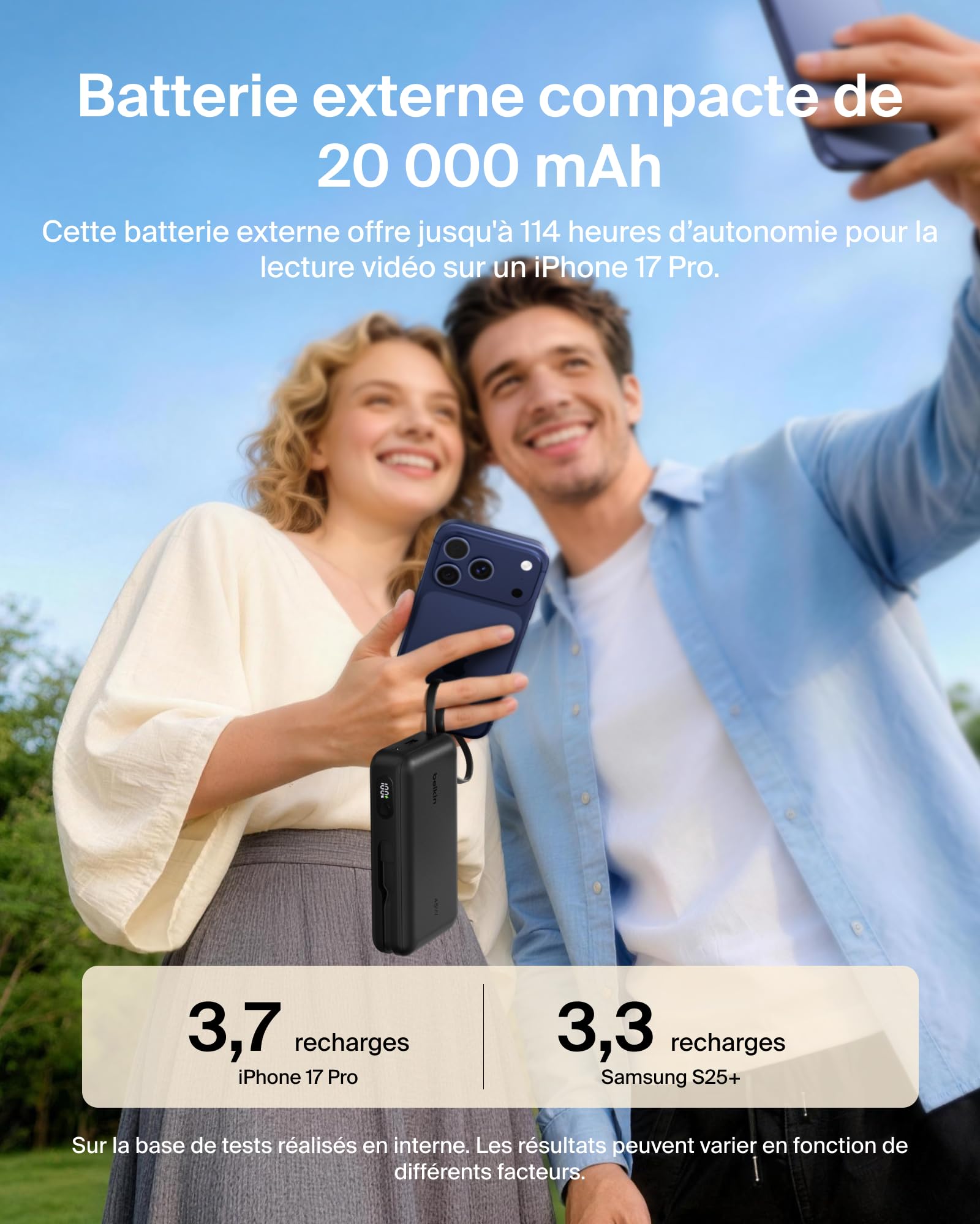 Belkin UltraCharge Batterie Externe 20K avec Câble USB-C Et Écran - Noir
