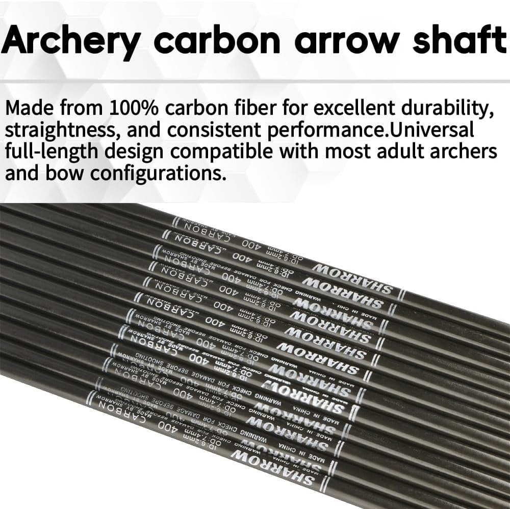 12pcs 30 Inch Pure Carbon Arrow Shaft SP400 ID6.2mm OD7.4mm for Bow Archery Hunting Target Shooting Practice