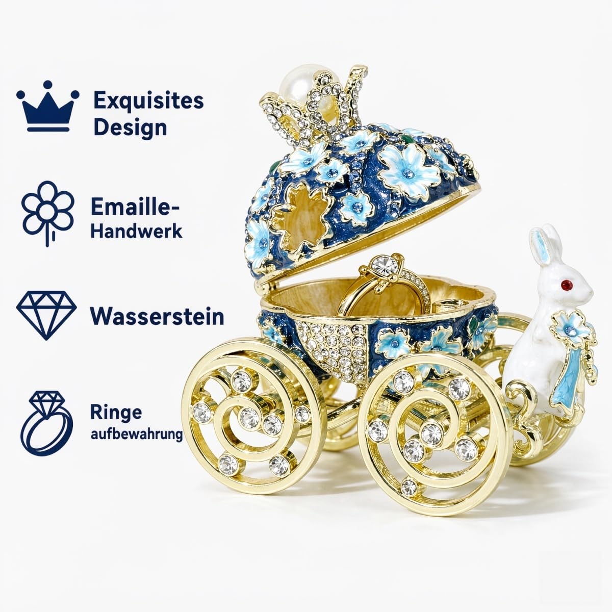 Kaninchen Kürbiskutsche Ringbox Emaille Blaue Kirschblüte (dunkelblau)