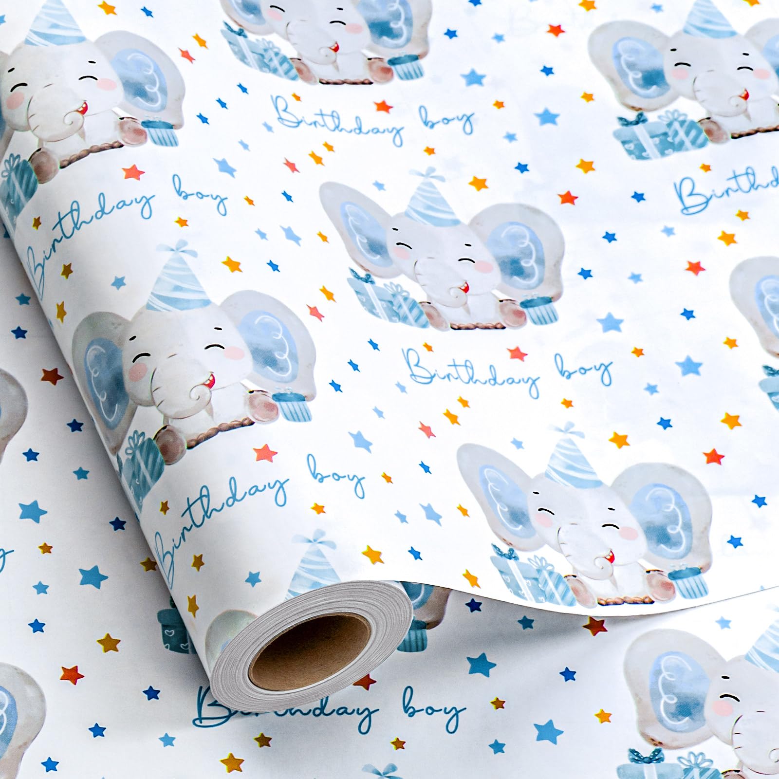 Wikadlik Niedliche Geburtstags-Geschenkpapierrolle – Baby Boy Blue Elephant Star Design Geschenkpapier für Kindergeburtstag, Party Feier – 43 cm x 10 m
