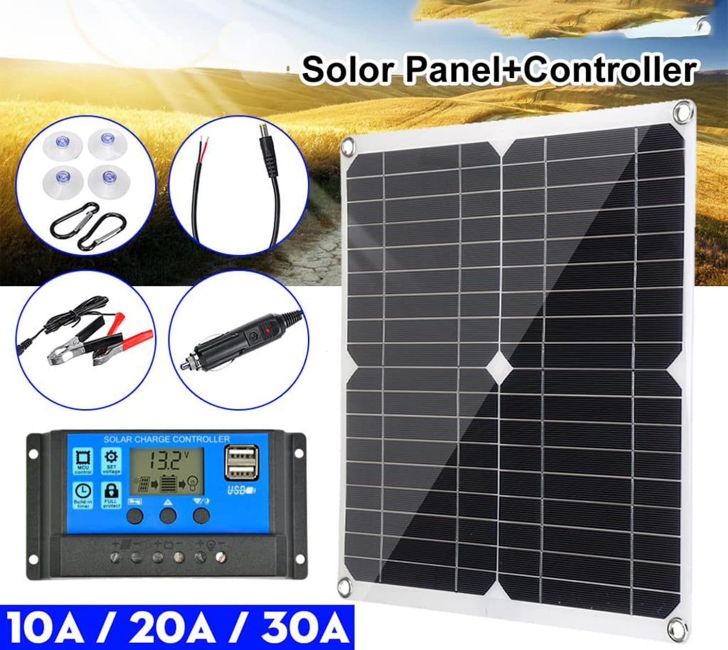 BLUEZY Kit Pannello Solare 25W Pannello Solare Mono con Controller 10A-60A Pannello Fotovoltaico per Auto, Yacht, Barca Leggera, Batteria, Campeggio E Superfici Ineguali 60A