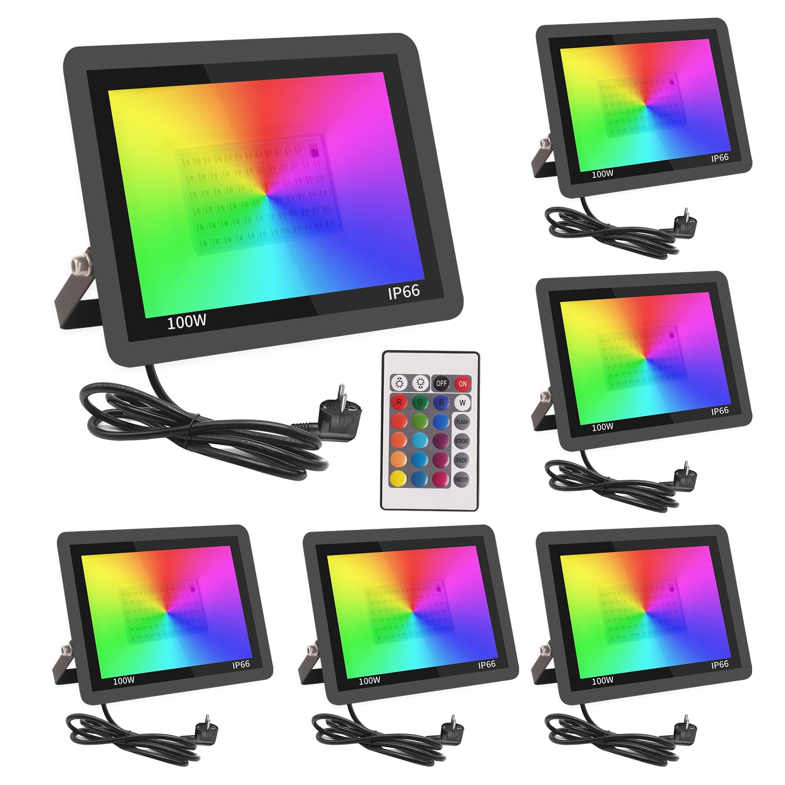 Projecteur LED Extérieur 100W RGB avec Télécommande, 16 Couleurs 4 Modes Dimmable IP66 Étanche Luminaire Jardin