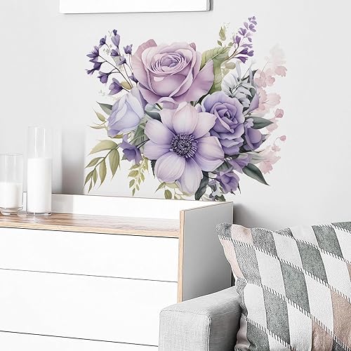 Calcomanías de pared de flores de margaritas y rosas moradas, calcomanías de pared de arte floral romántico en acuarela extraíble, vinilo extraíble