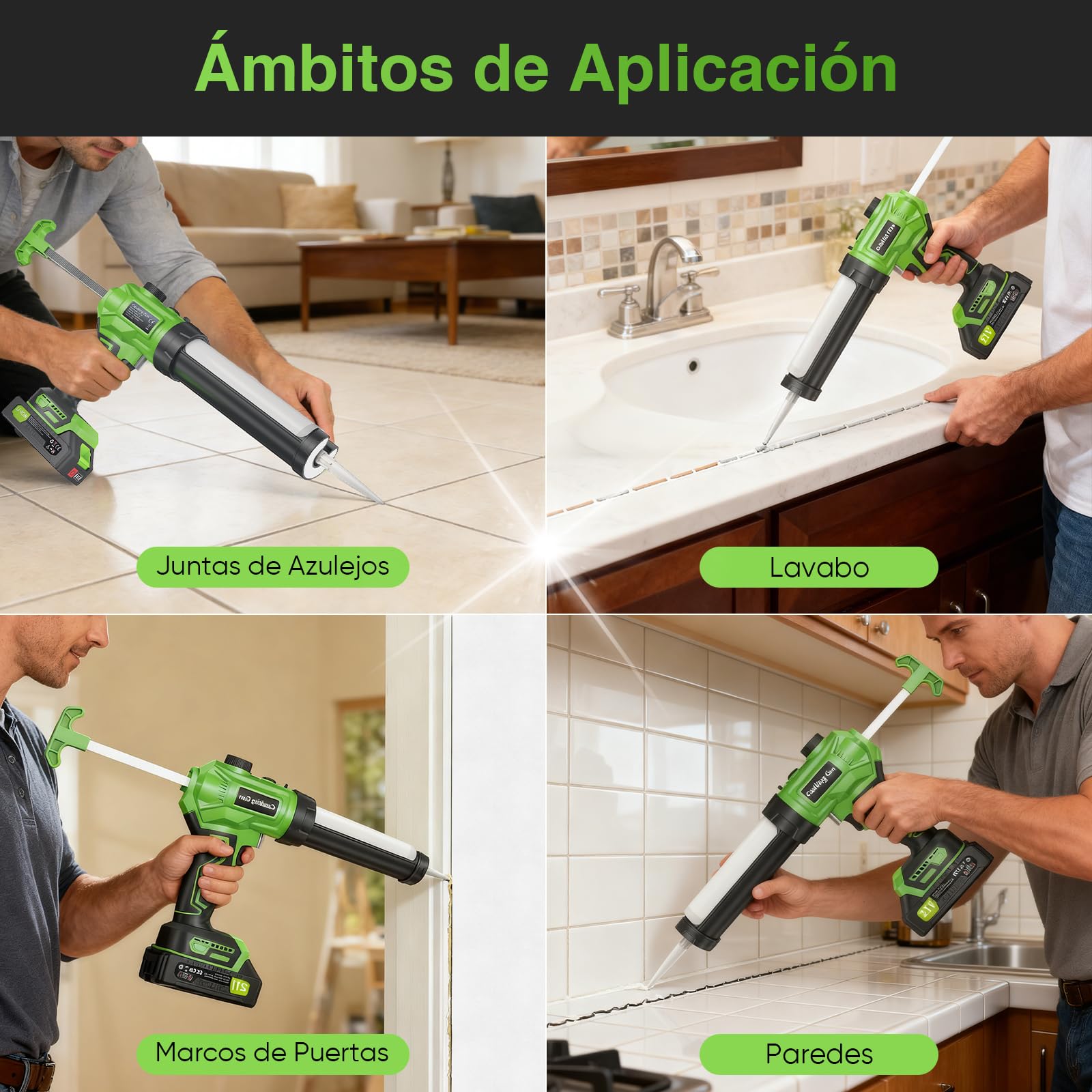 Pistola de cartuchos eléctrica con luz LED, regulación de velocidad continua, con dos baterías, para cartuchos de 280 ml-330 ml