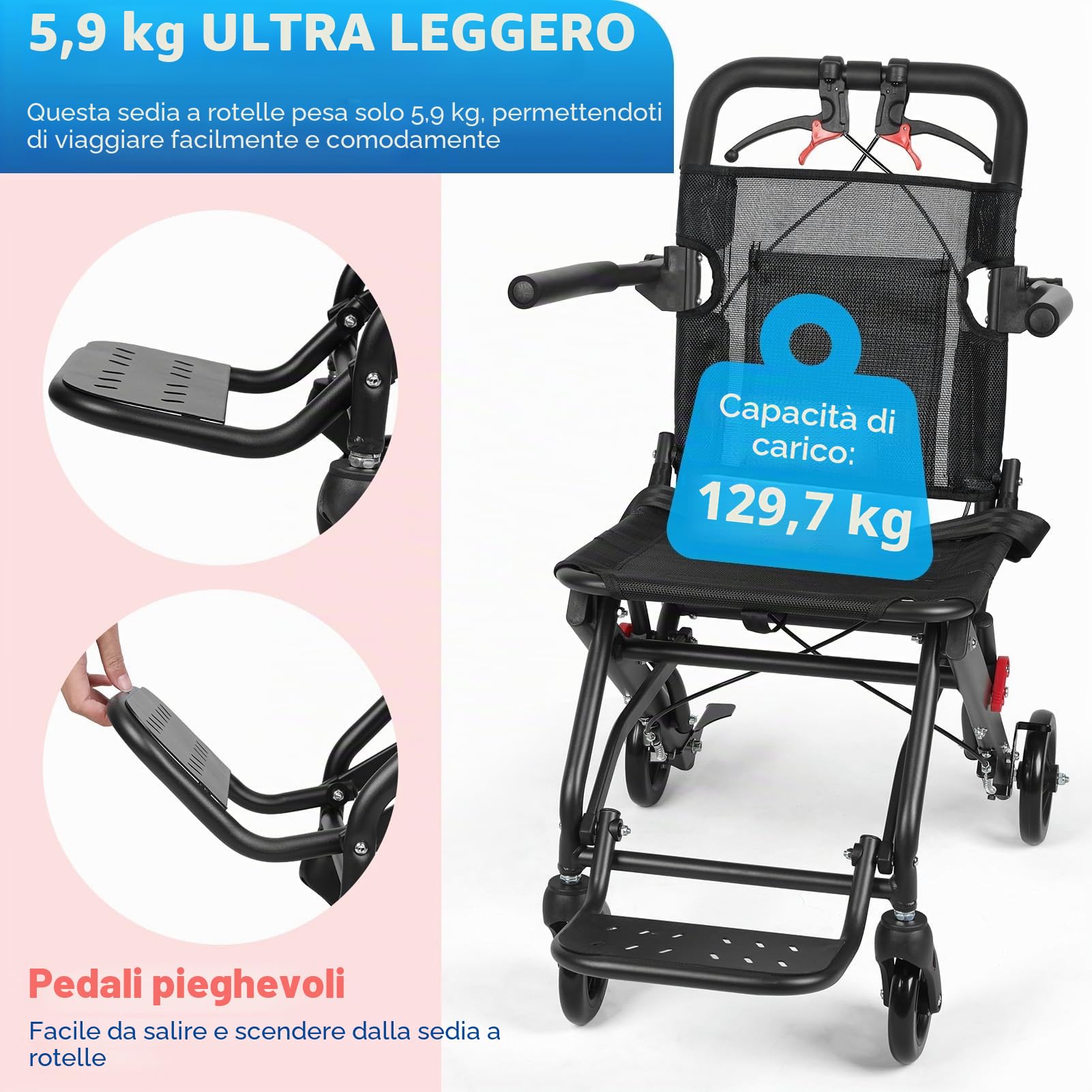 Sedia a rotelle pieghevole e leggera per adulti e anziani, telaio in lega di alluminio, capacità di carico 129,7 kg, cintura di sicurezza e freno a mano regolabili per un facile viaggio, include borsa