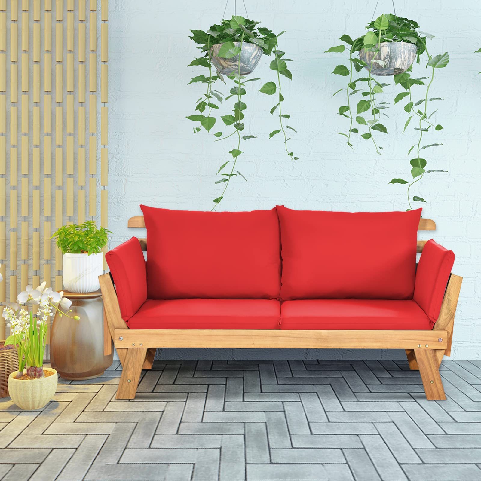 GYMAX 2 in 1 Divano da Esterno 2 Posti, Divano Letto da Giardino con Cuscino, Sdraio da Giardino Pieghevole in Legno con Braccioli Regolabili, Set Divano Giardino, 157-198 x 75 x 75 cm (Rosso)