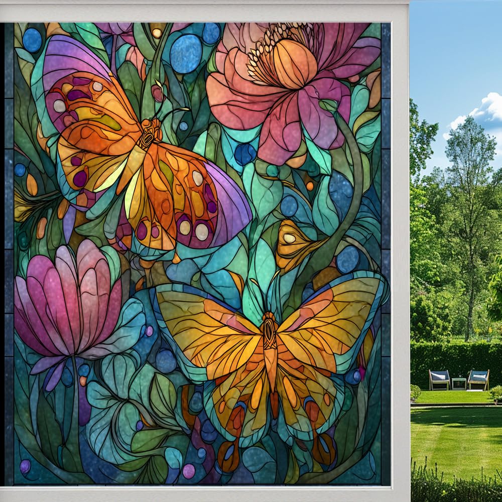 Mysterious Butterfly Frosted Window Film, Colorful Floral Nature Stained Glass Privacy Film, Heat Insulation Self-Adhesive Vinyl for Bathroom Office, （55x80cm）