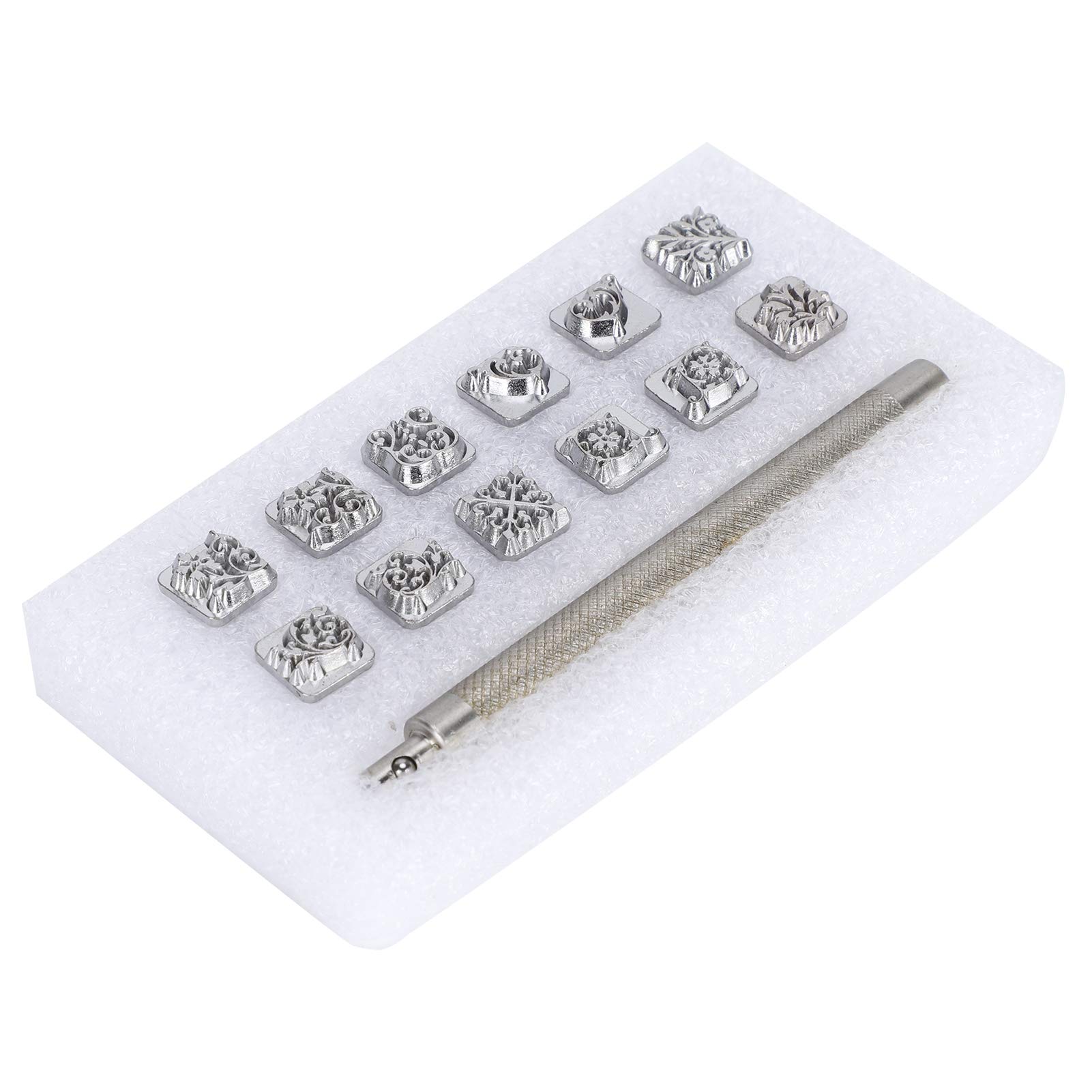 12Pcs Leather Stamping, Punch Tool Craft Alloy Steel Tools Different Shape Saddle Punches DIY Vegetable Stamper 1Pc Handle Making Stamp Set Manual Carved Embossing Kit for Art (#3)