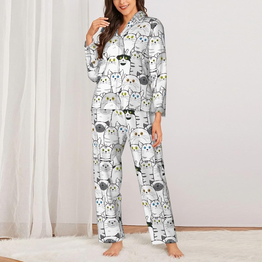 【MOODMOON】Animal Long Sleeve Pajama Set Gugusary Women Silk Satin Pajamas Set English Bulldog