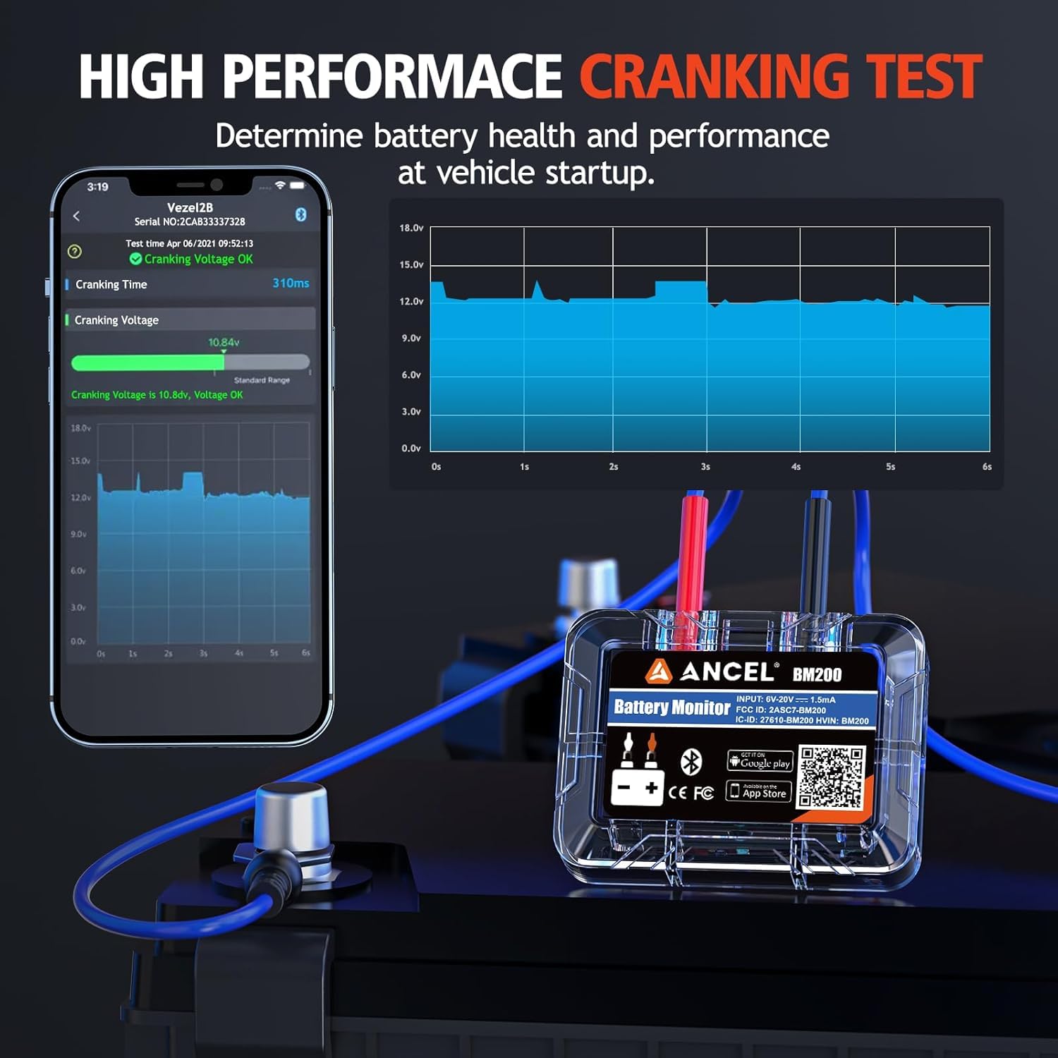 ANCEL BM200Blue Bluetooth 4.2 Moniteur de Batterie - Testeur de Batterie de Voiture 12V - Battery Monitor pour les Batteries au Lithium et Plomb-acide - avec test de charge et de démarrage Alarme