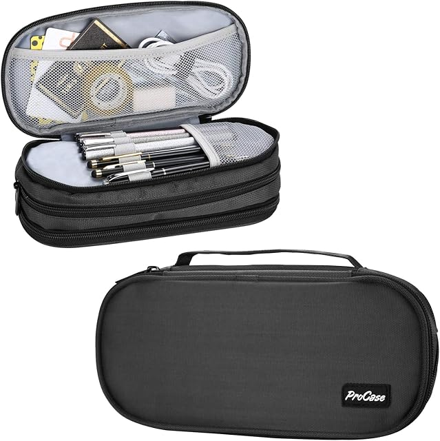 ProCase Large Capacity Pencil Case Big Stationery Organizer, Durable Pen Bag Holder Pouch with Handle, for Adults School Students Office Clerks