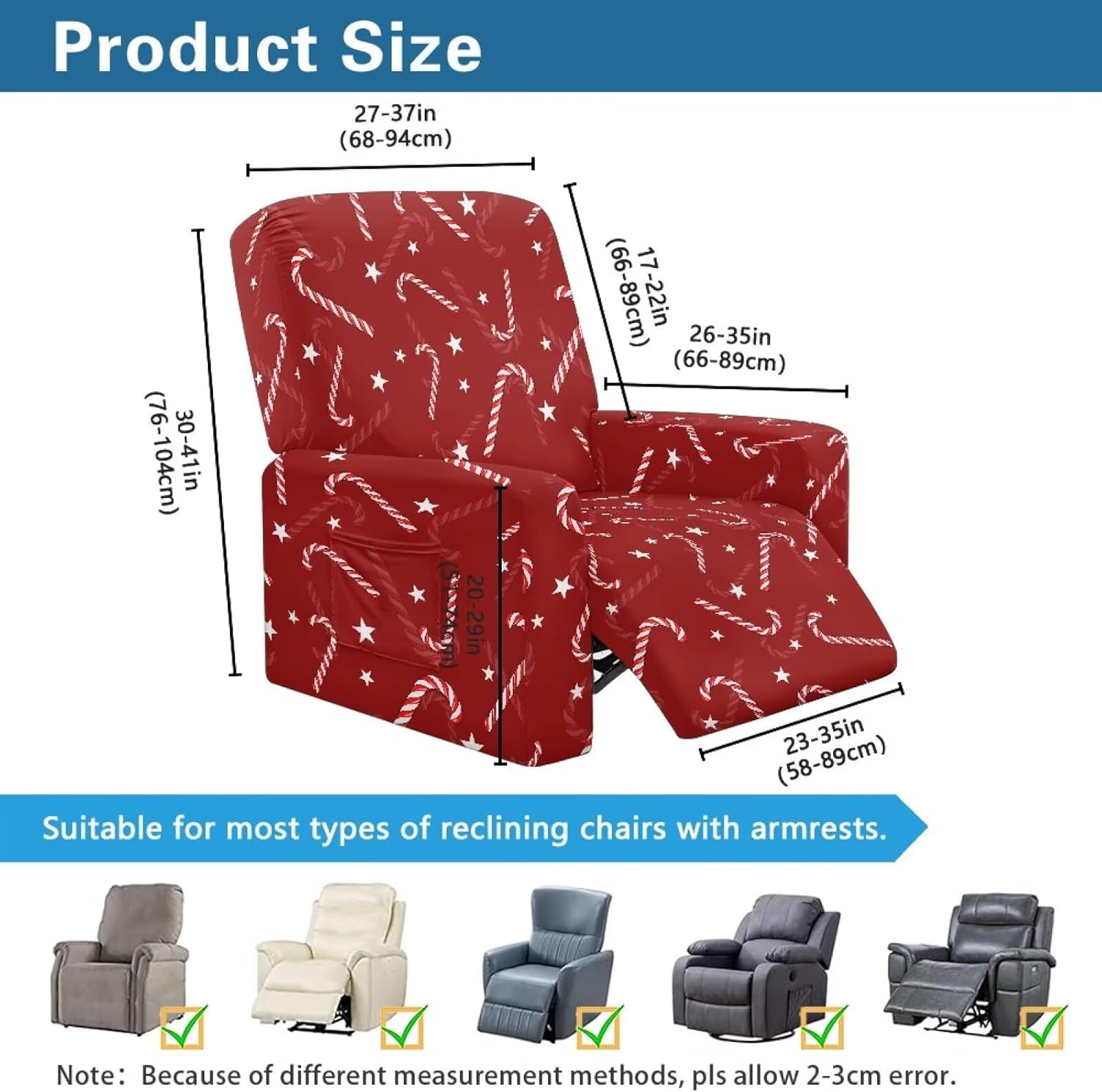 Red Recliner Slipcovers Christmas Reclining Chair Cover Non Slip Washable Furniture Protector with Pockets Breathable Cozy Candy Cane Recliner Cover, Xmas Decoration