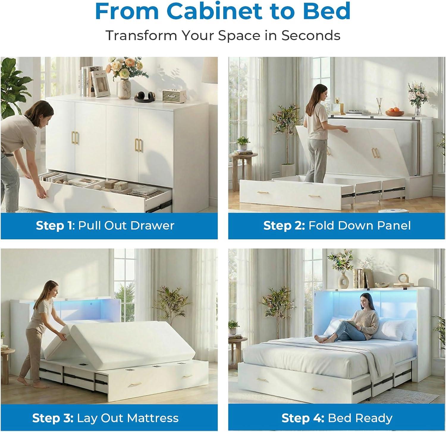 Mjkone Queen Size Murphy Cabinet Bed with RGB LED Lights, High Gloss MDF Murphy Beds with Tri-Folding Mattress Included, Convertible Chest Cabinet Bed with Storage Drawers for Small Spaces, White