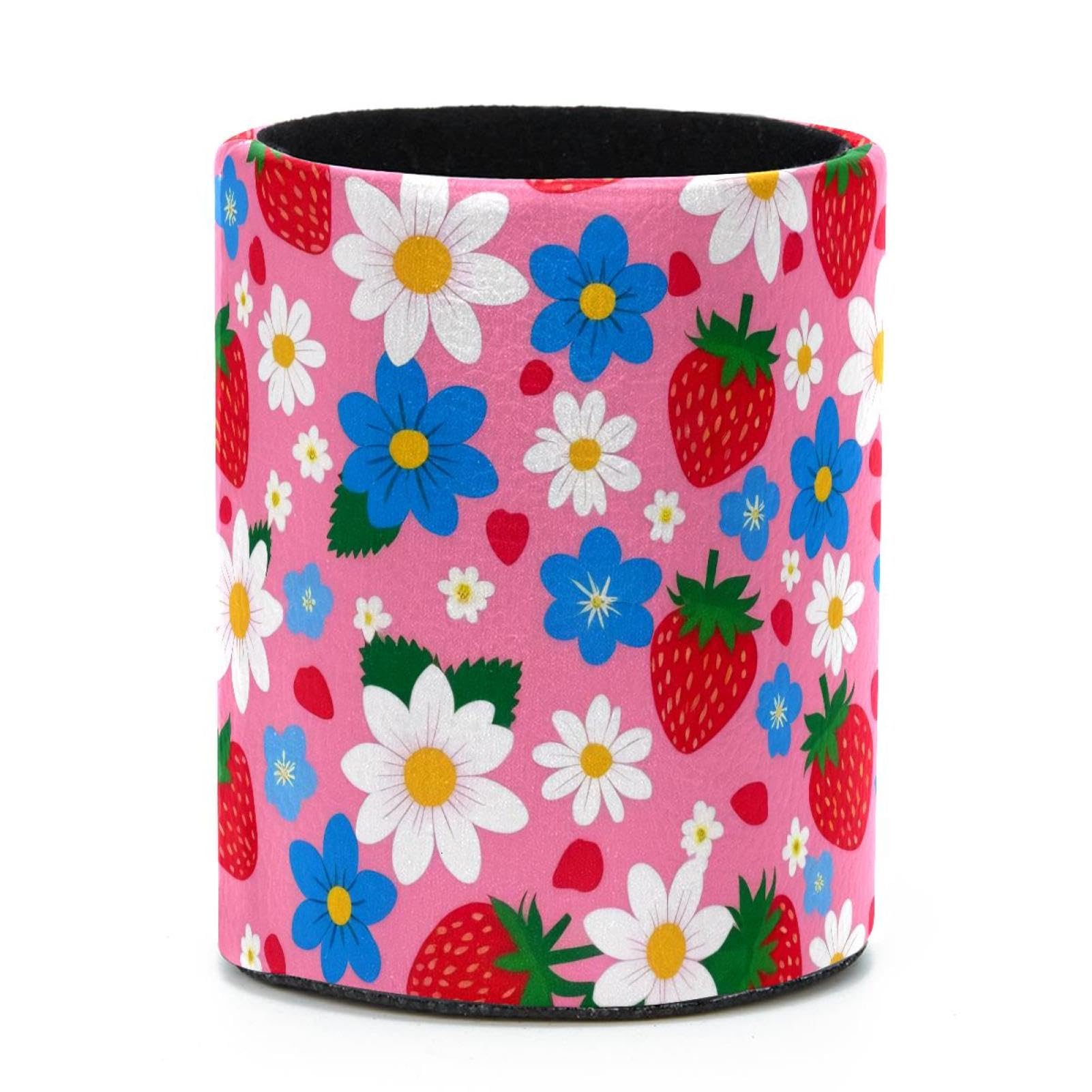 VAPOKF Round Pencil Holders for Desk, Strawberries Daisies Pen Holders Pen Pot Makeup Brushes Storage Desktop Stationery Supplies Organiser for Home Office
