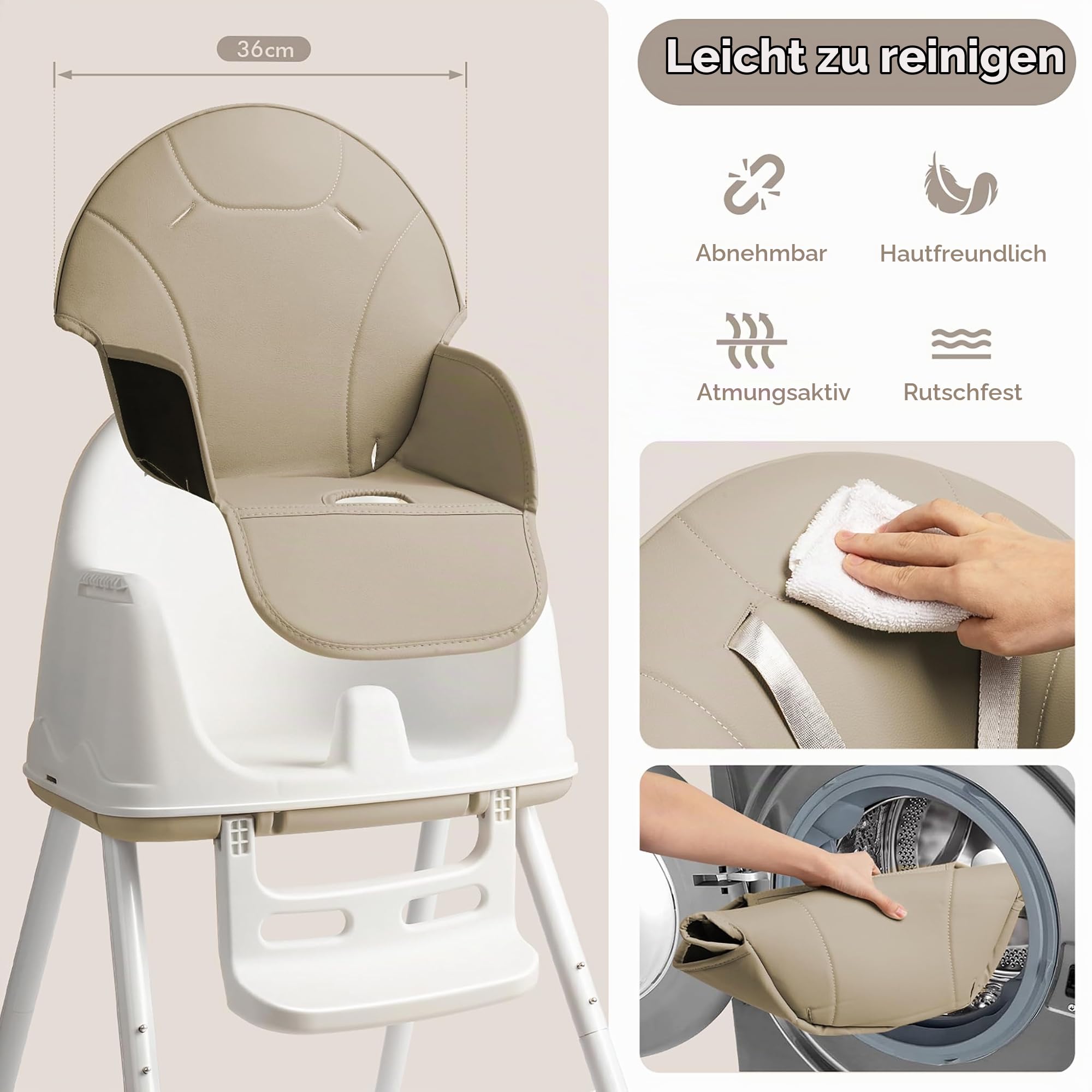 UISEBRT 3-in-1 Kinderhochstuhl, Klappbarer Baby Essstuhl mit Höhenverstellung, Verstellbarem Doppeltablett, Rollen und Abnehmbarem Sitz, Kombihochstuhl für Zuhause und Unterwegs, Beige