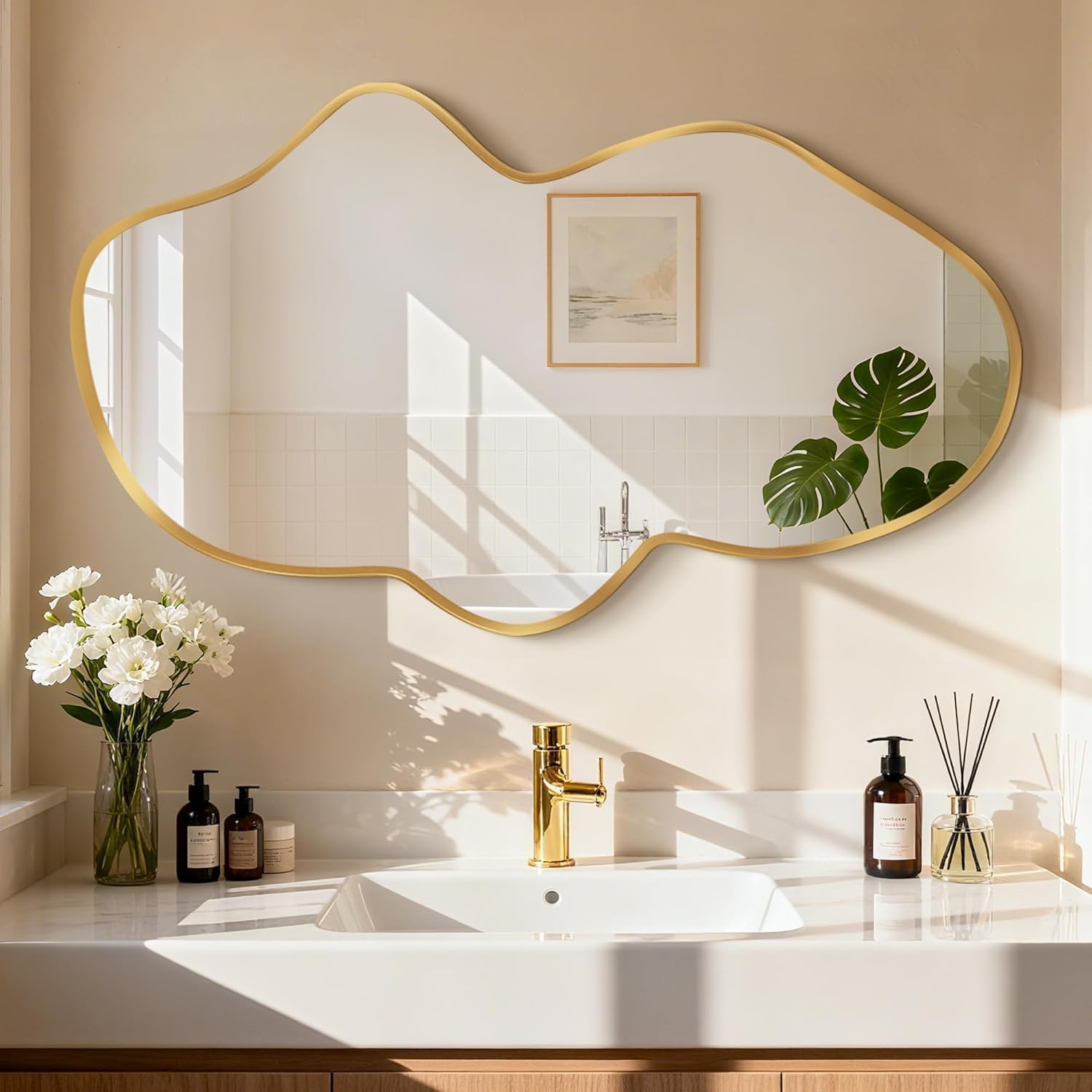 Irregular Wall Mirror, Gold Bathroom Wavy Abstract Mirror for Over Sink, Decorative Cloud-Shaped Wall Mirror, Stylish Shatter-Proof HD Mirror for Bedroom, Entryway (22"x36", S, 1 Pack)