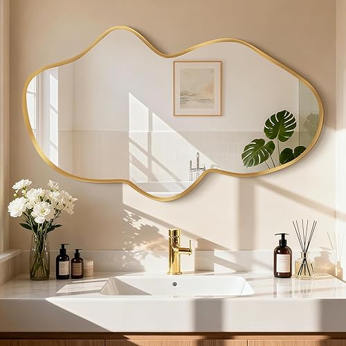 Espejo de pared irregular, espejo abstracto ondulado dorado para baño sobre el fregadero, espejo de pared decorativo en forma de nube, elegante