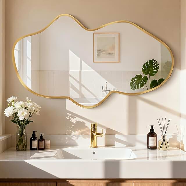 Irregular Wall Mirror, Gold Bathroom Wavy Abstract Mirror for Over Sink,...