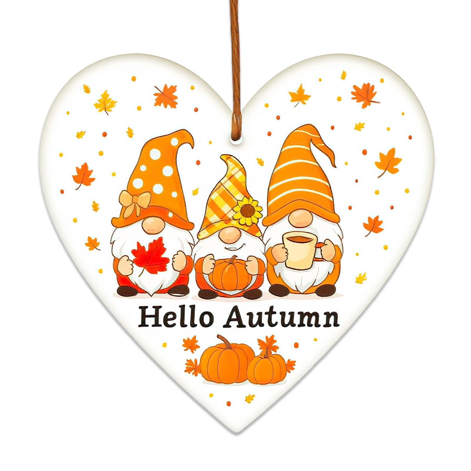 Hello Autumn Decorations Autumn Gifts Wooden Heart Hanging Plaque Printed Autumn Leaves, Pumpkins, Hello Autumn Sign, Maple Accessories for Thanksgiving (white)