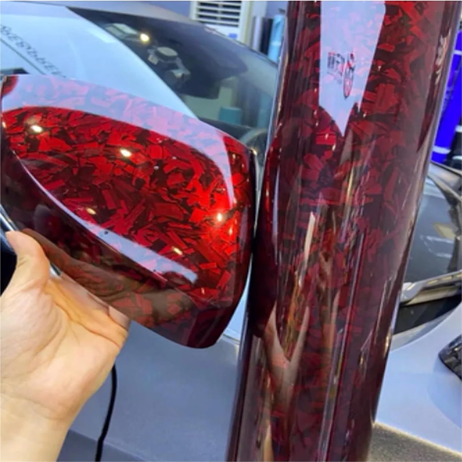 1.52 * 18m/Roll Glossy Red Silver PET Forged Carbon Fiber Vinyl Wrap Sticker Car Styling(RED)