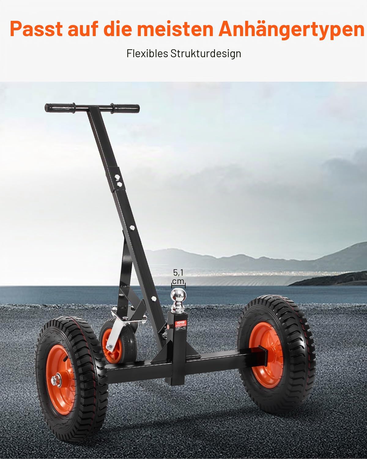 VEVOR Rangierhilfe Anhänger, Anhängerwagen, 544 kg Stützlastkapazität, 460 & 560mm einstellbare Höhe, 50,8 mm Kugel, 386 mm Luftreifen, Karbonstahl, zum Bewegen von Wohnmobilanhängern