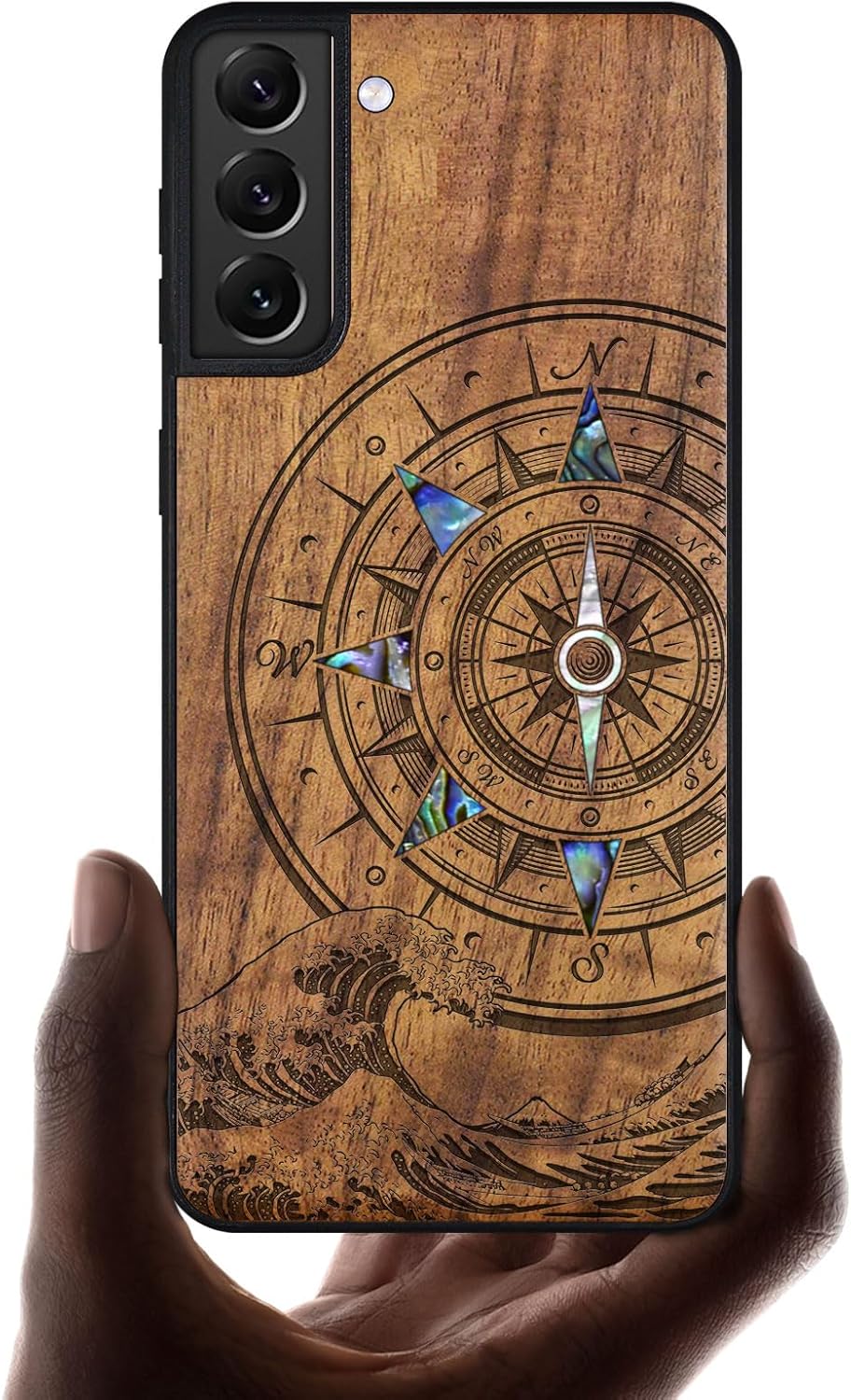 Carveit Designer Wooden Cover for Samsung Galaxy S22 Case [Wood Engraving & Shell Inlay] Compatible with Wireless Chargers Galaxy S22 (Wave Compass-Walnut)