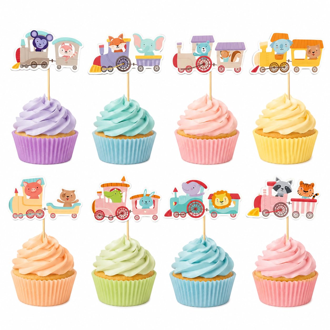 Arthsdite 24 Pcs Animal Train Cupcake Toppers Zoo Train Cake Decorations Safari Animal Cupcake Picks for Kids Birthday Baby Shower Party Dessert Table Supplies